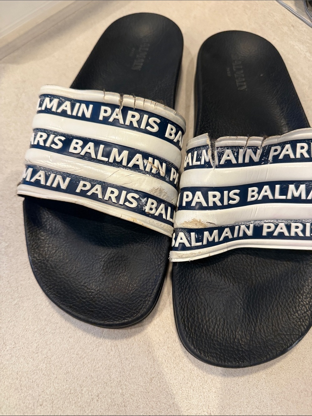 Balmain Black & White Logo Strap Slide Sandals
